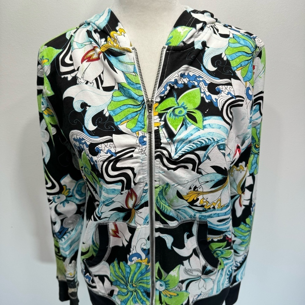 One World Special Issue Y2K 100% Cotton Bold Colorful Floral Print Zip Up Hoodie - Picture 3 of 11